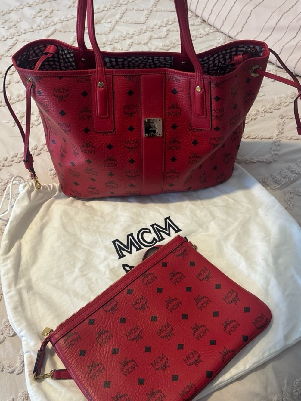 MCM Red Visetos Tote with Matching Wristlet 100% Authentic